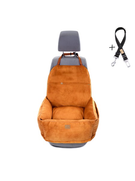 "Ero Soft" dog car seat VELVET water repellent COGNAC size S/M/L WITH SEAT BELT
