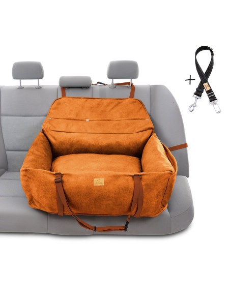 "Ero Soft" dog car seat VELVET water repellent COGNAC size L WITH SEAT BELT
